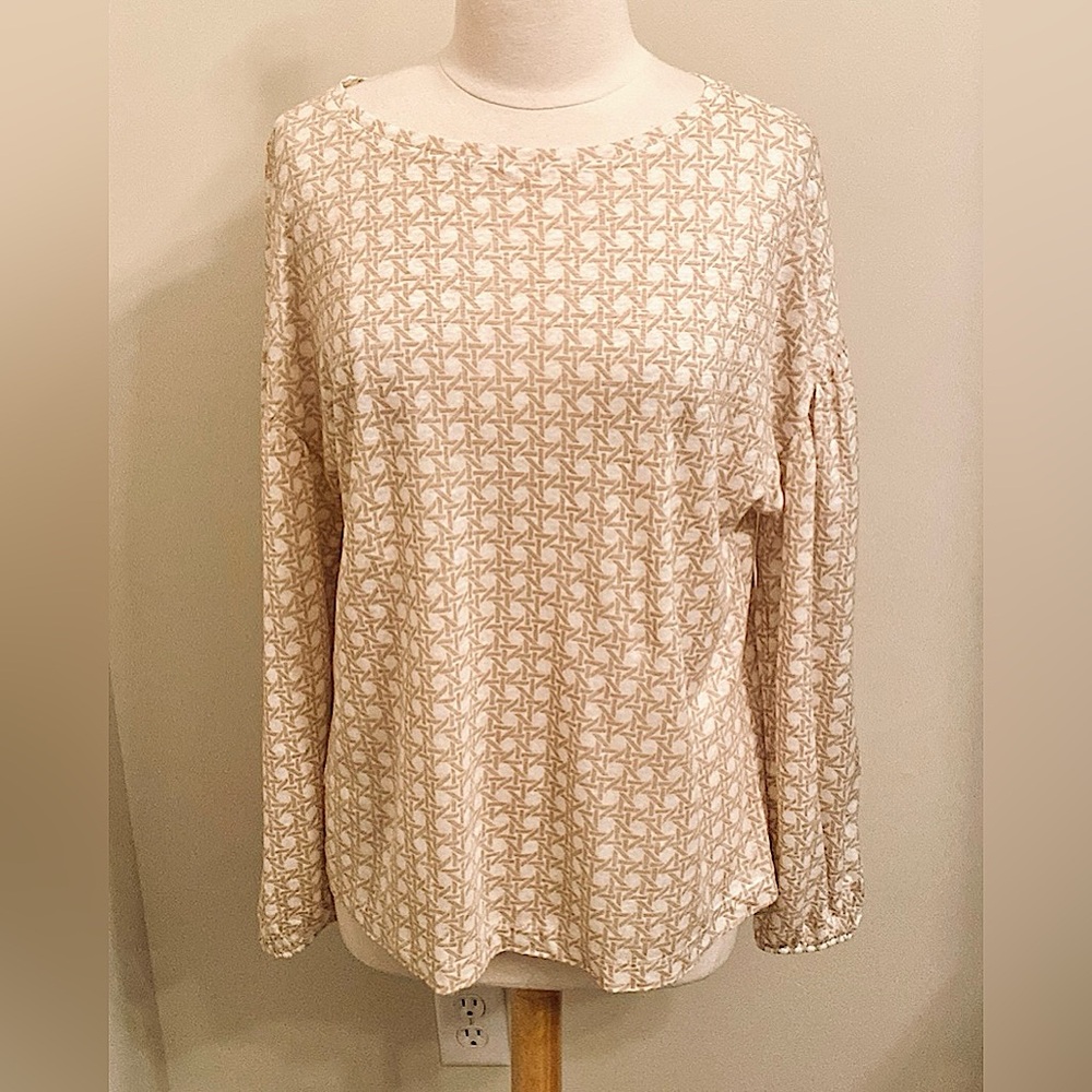 Ann Taylor Tan Cream Printed SZ L Coastal Quiet Luxury Boho Chic Soft Linen Top